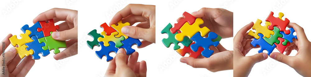 set of Hands making a puzzle of colors, a symbol of unity for autism awareness, a symbol of unity, a handmade puzzle of colors, a handmade puzzle of colors, on a transparent backgrounds