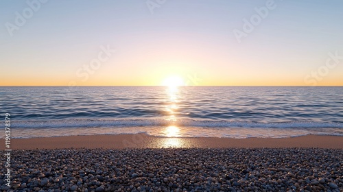 Serene sunset over a calm ocean with a pebbly beach.