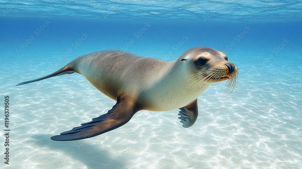 Obraz premium Underwater shot of a young sea lion swimming in clear water.