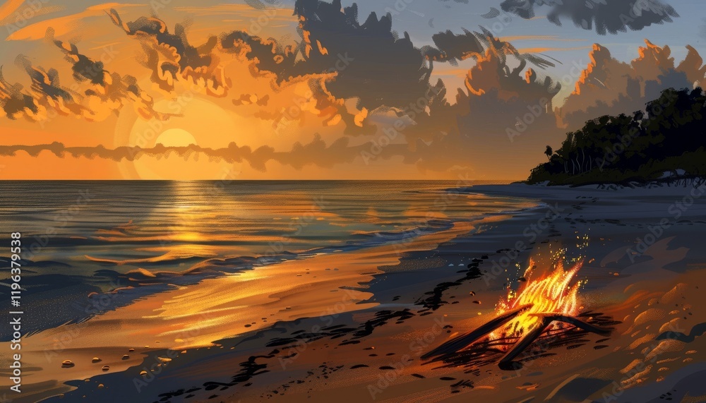 A fiery sunset over a beach with a campfire burning on the shore. A fiery sunset over a beach with a campfire burning on the shore.