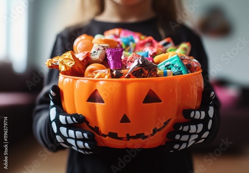 Child in black outfit holding a bright orange Halloween candy bowl filled with colorful treats, showcasing festive joy and excitement during the Halloween season.