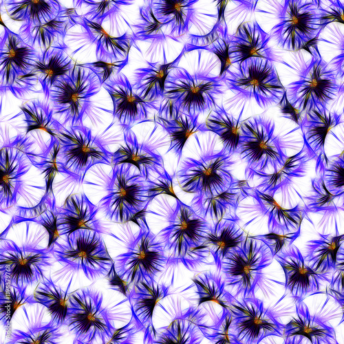 Seamless abstract pattern of purple and white pansy flowers with flowing lines for artistic design.
