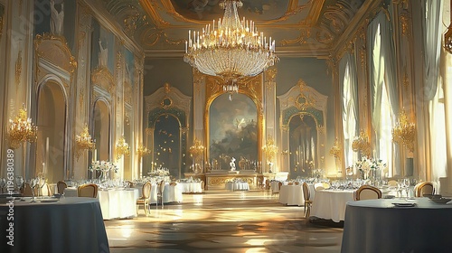 Sunlit grand ballroom with elegant tables, chandelier, and artwork.