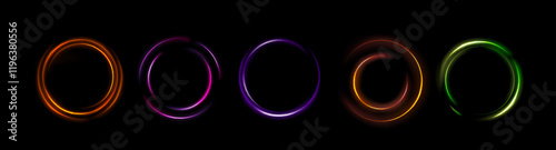 Neon light circles set isolated on black background. Vector realistic illustration of round yellow, orange, pink, green color portal glowing in darkness, futuristic portal design, abstract space swirl