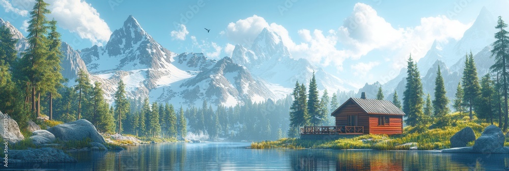 Obraz premium Low poly mountain retreat nestled among towering pines, tranquil lake reflecting serene nature, inviting escape into wilderness