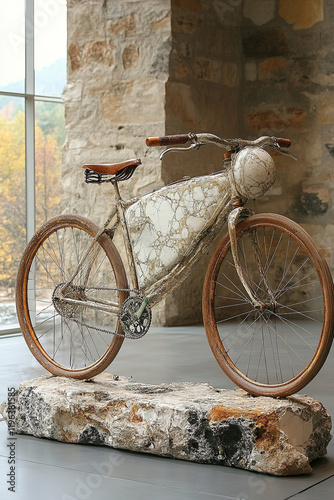 Marble Bicycle Art Piece Rests On Stone Base