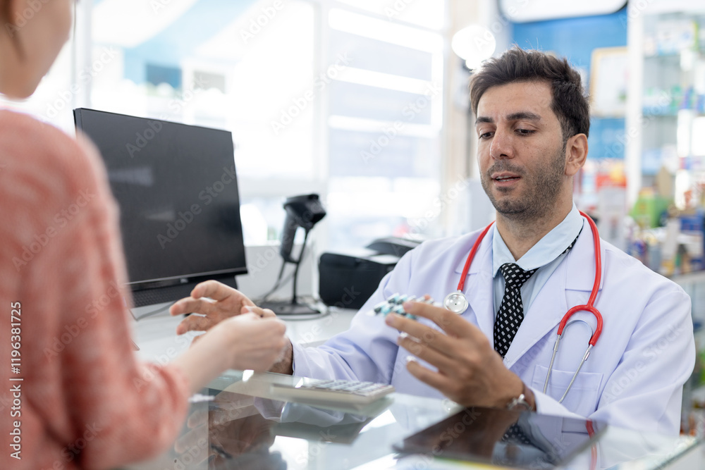 Fototapeta premium Male pharmacist medicine giving to customer pharmaceutical healthcare prescription at counter pharmacy clinic dispensary. Doctor service buying patient in drug store.