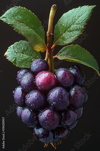 Dew Covered Blackberry Cluster With Green Leaves