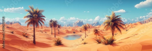 Desert Oasis in Low Poly Style, vibrant greenery amidst arid sands, geometric shapes create a tranquil escape, serene and inviting atmosphere