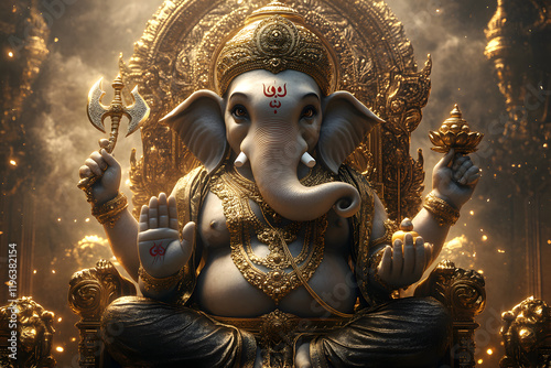 Lord Ganesha depicted with a majestic and divine presence, seated on a radiant golden throne adorned with intricate carvings of sacred symbols photo