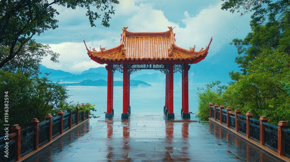 Obraz premium Serene Vista: A Chinese Pavilion Overlooking a Misty Lake