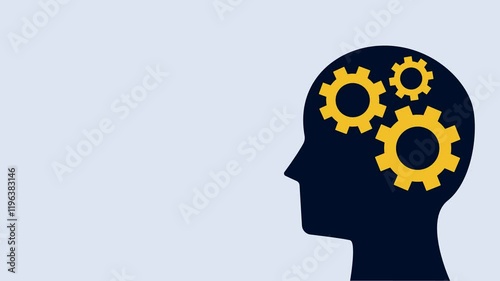 Animated illustration of a silhouette of a human head with a yellow gear inside symbolizing creativity, problem solving and innovative thinking. Minimalist and professional design.