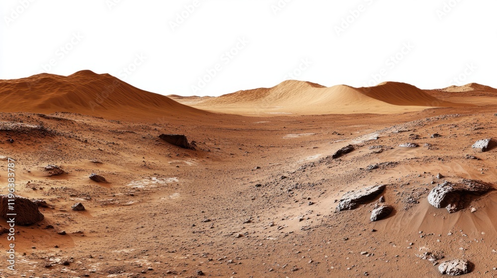 A view of a Martian desert with dunes of red sand and windswept patterns, isolated on white A view of a Martian desert with dunes of red sand and windswept patterns, isolated on white