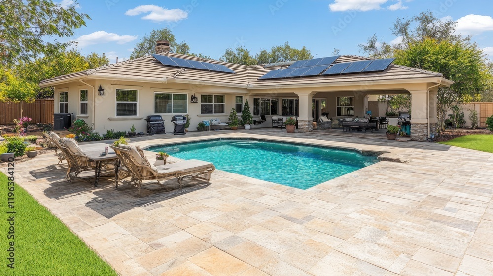 Fototapeta premium Luxury home backyard with pool, patio, and solar panels.