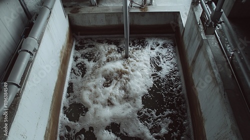 Wastewater treatment plant aeration tank with agitated water and foam.