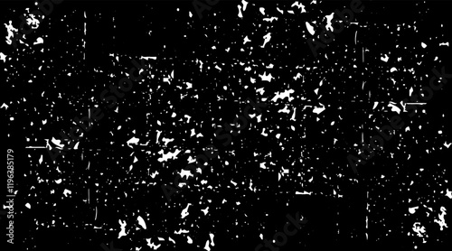 Snow, stars, twinkling lights, rain drops on black background. Abstract vector noise. Small particles of debris and dust. Distressed uneven grunge texture overlay.