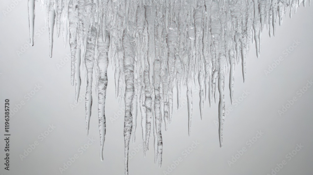 A group of dripping icicles with frozen droplets suspended mid-air, arranged symmetrically, on white A group of dripping icicles with frozen droplets suspended mid-air, arranged symmetrically, on white
