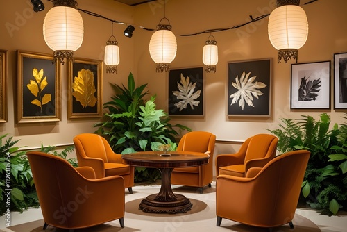 Comfortable seating area with orange armchairs and plants in a brightly lit lobby. photo