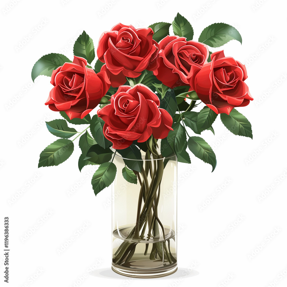 Red Roses Bouquet in Clear Vase, Clip Art Style on White Background with Copy Space Red Roses Bouquet in Clear Vase, Clip Art Style on White Background with Copy Space