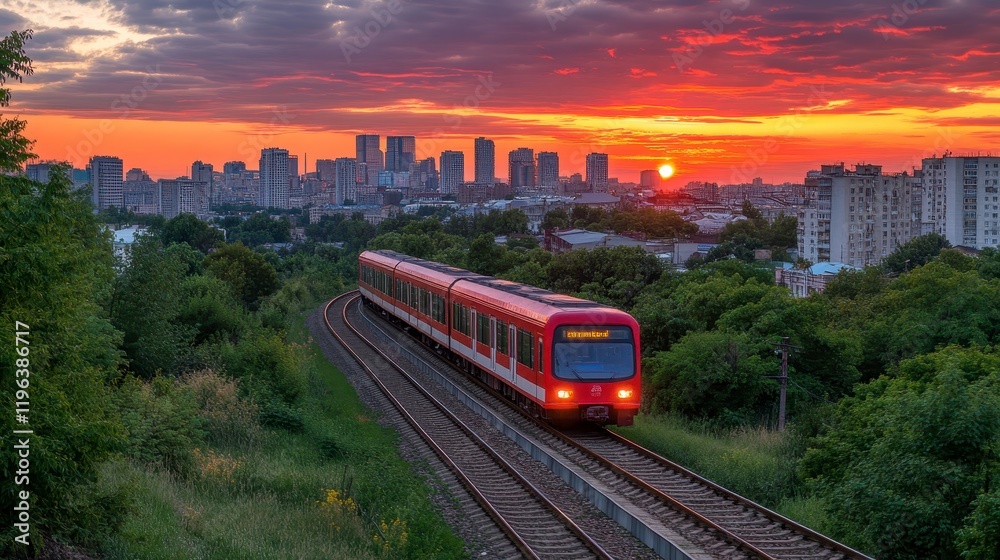 Naklejka premium Scenic Cityscape Sunset Red Electric Train on Railway Tracks