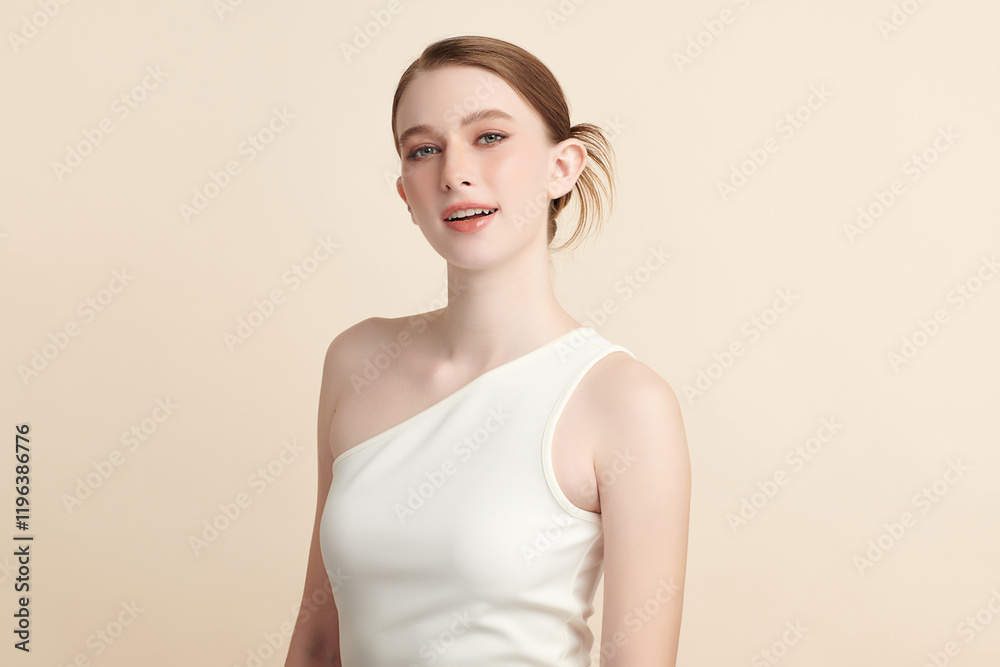Beautiful young woman with clean fresh skin on beige background, Face care, Facial treatment, Cosmetology, beauty and spa, women portrait. Beautiful young woman with clean fresh skin on beige background, Face care, Facial treatment, Cosmetology, beauty and spa, women portrait.