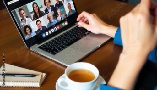 A person sits in a cafe with a laptop open attending a video conference they have a cup of coffee in