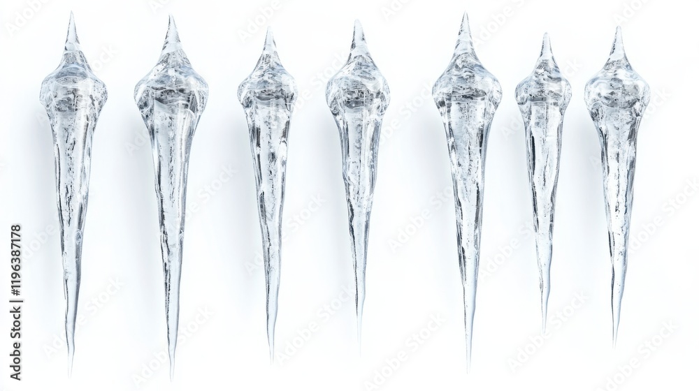 A set of hanging icicles resembling frozen stalactites, perfectly symmetrical, isolated on a bright white backdrop