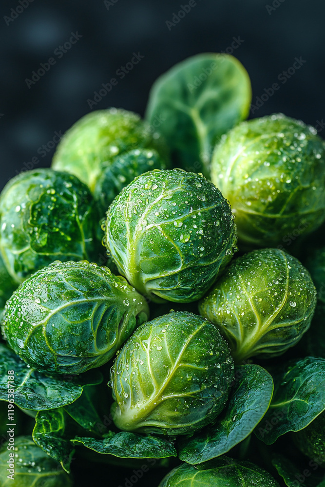 Fresh Dewy Brussels Sprouts Close Up Shot Fresh Dewy Brussels Sprouts Close Up Shot