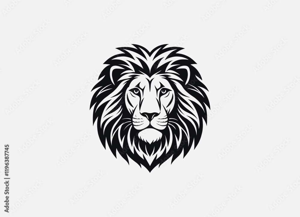 Download a high-quality lion front face vector in clean black color. This minimalist design features sharp lines and striking details, perfect for graphic projects, logos, and more.