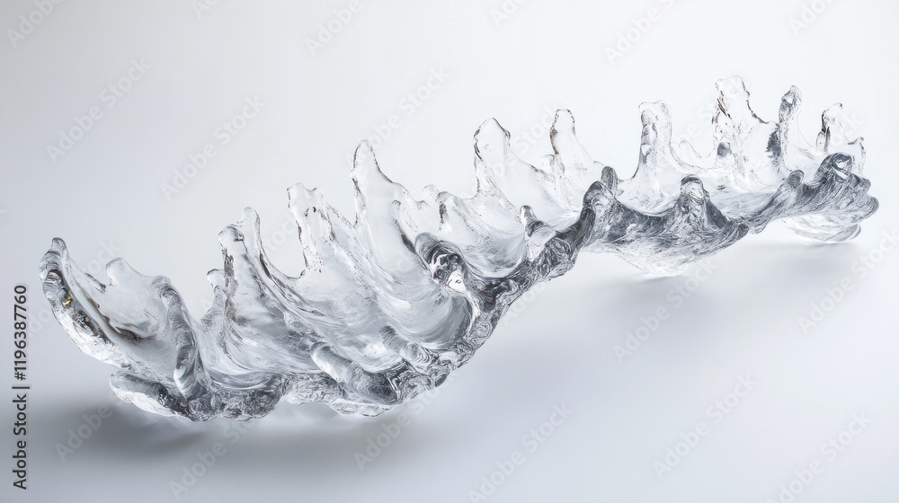 A set of icicles grouped into a curved arrangement, with frozen water patterns visible along their surfaces, on white A set of icicles grouped into a curved arrangement, with frozen water patterns visible along their surfaces, on white