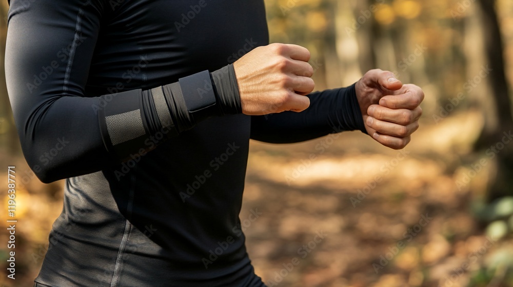 Fototapeta premium Close-up of a man's arms and hands while trail running in a forest.