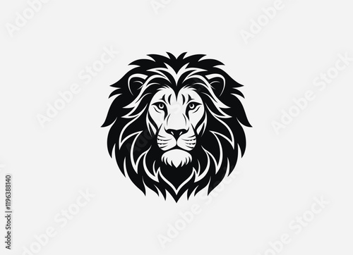 Download a high-quality lion front face vector in clean black color. This minimalist design features sharp lines and striking details, perfect for graphic projects, logos, and more.
