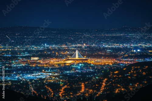 Night View of Los Angeles Skyline with Iconic Bridge photo