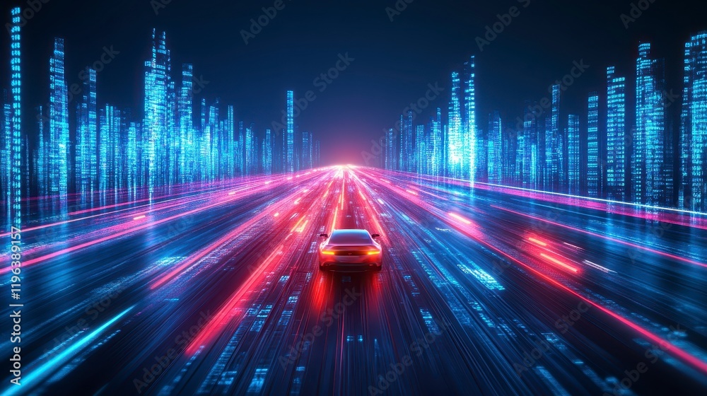 Obraz premium Futuristic Cityscape Autonomous Vehicle Driving on a Highway of Digital Data Streams at Night