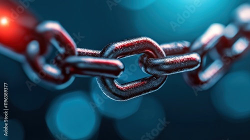metallic chain link is prominently displayed, showcasing its robust structure. background features blurred blue hues, creating a striking contrast that emphasizes the links strength