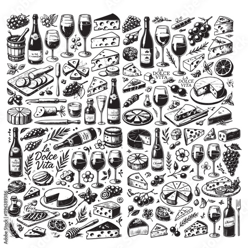 chalk food illustrations, wedding dinner icons, wine or champagne glass, cheese, and charcuterie drawings for wedding invitations, cafe menus, and parties. La dolce vita italian sketch style.