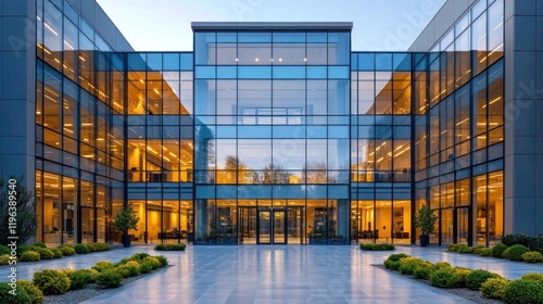 modern office building features a sleek glass facade reflecting warm lighting from within. Surrounding greenery adds to the tranquil atmosphere during dusk, inviting a sense of calm