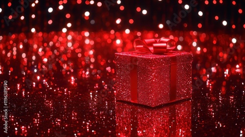 A Red Glitter Gift Box on a Sparkling Red Background photo