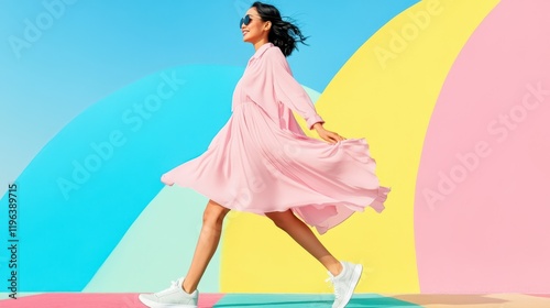 Joyful stride in Pink Dress: A vibrant young woman in a flowing pink dress strides confidently against a backdrop of pastel rainbow arches.