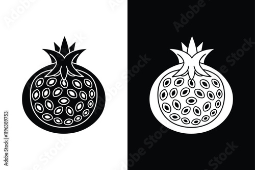 Whole & Sliced Pomegranate. Food Icon Silhouettes for Apps black white background