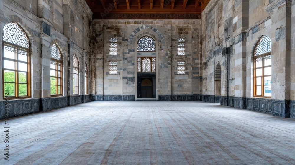 Fototapeta premium grand, empty room in a historic structure features high ceilings and beautifully crafted windows that allow natural light to flood the space, highlighting the architectural details