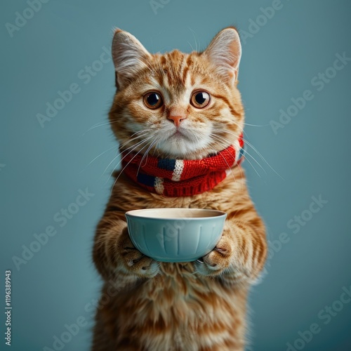 A thin and hungry ginger cat holds out an empty food bowl. AI generated.