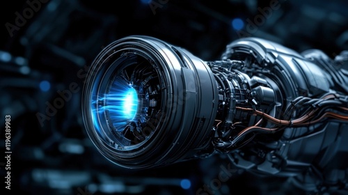 Close-up view of a futuristic mechanical engine component with a glowing blue core surrounded by complex wiring, highlighting advanced engineering and innovation in technology