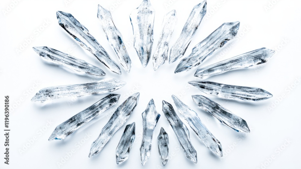 Fototapeta premium Icicles grouped in a radial pattern, showing their natural formation and glossy textures, on white