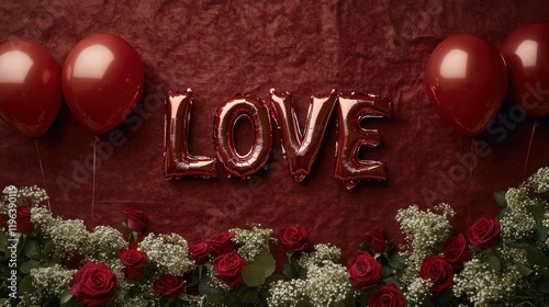 Romantic Love Valentine's Day: Red Balloons, Roses, and Love Letters photo