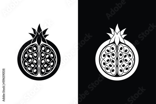 Pomegranate Fruit Icon. Whole & Sliced Silhouette Vectors