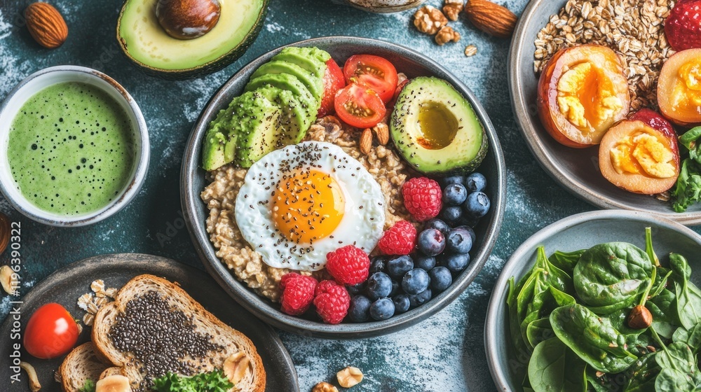 vibrant breakfast spread includes avocado slices, a poached egg, and colorful fruits like blueberries, raspberries, and cherry tomatoes, complemented by fresh greens and a smoothie vibrant breakfast spread includes avocado slices, a poached egg, and colorful fruits like blueberries, raspberries, and cherry tomatoes, complemented by fresh greens and a smoothie