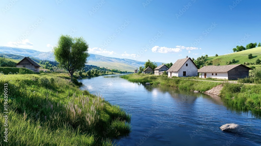 Fototapeta premium Peaceful River Village Landscape
