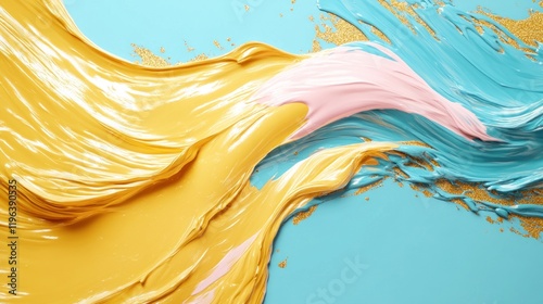 Vivid paint in shades of gold, pink, and turquoise flows across a blue surface, creating an artistic design that emphasizes texture and fluidity in color