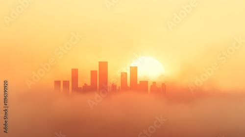 A modern city skyline obscured by a heavy layer of particulate dust and smog, with a warm golden-orange glow from the setting sun struggling to penetrate the polluted air. The scene captures a dense,